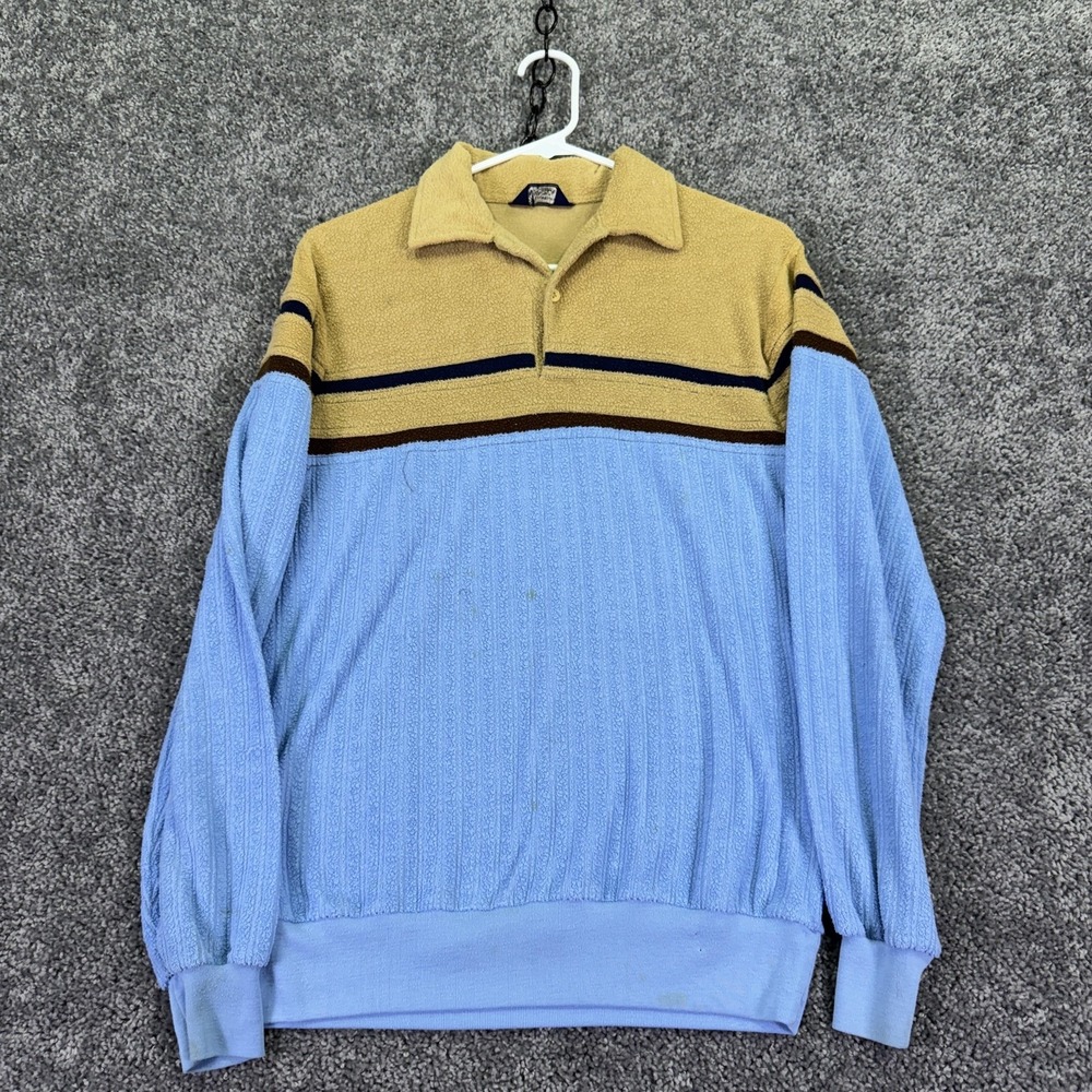 Vintage Montgomery Ward Sweater Mens Medium Blue Striped Collared Knit Pullover